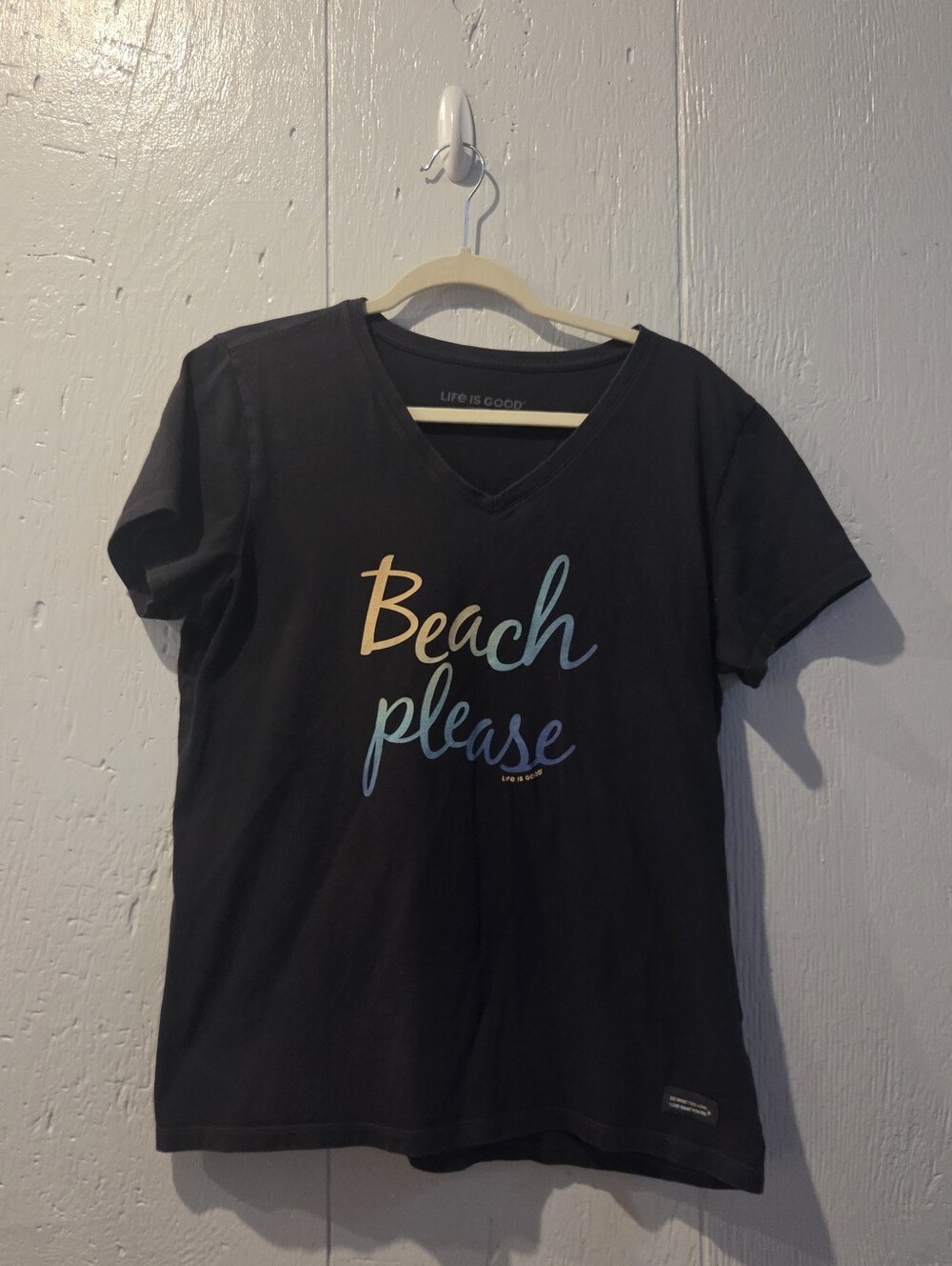 Life Is Good Black V-Neck Tee with Multicolor 'Beach please' Script